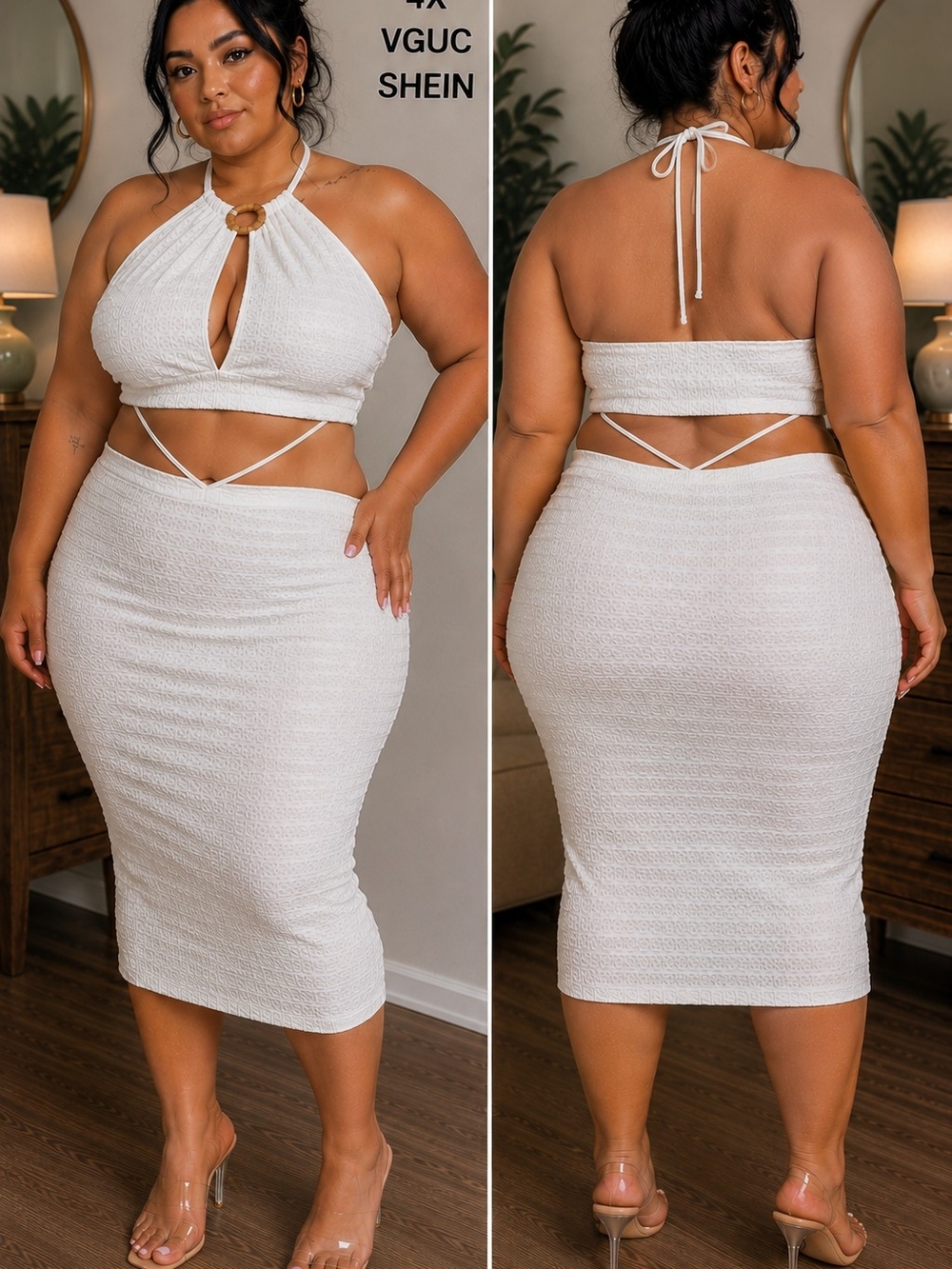 SHEIN White Textured Halter Midi Skirt Set
